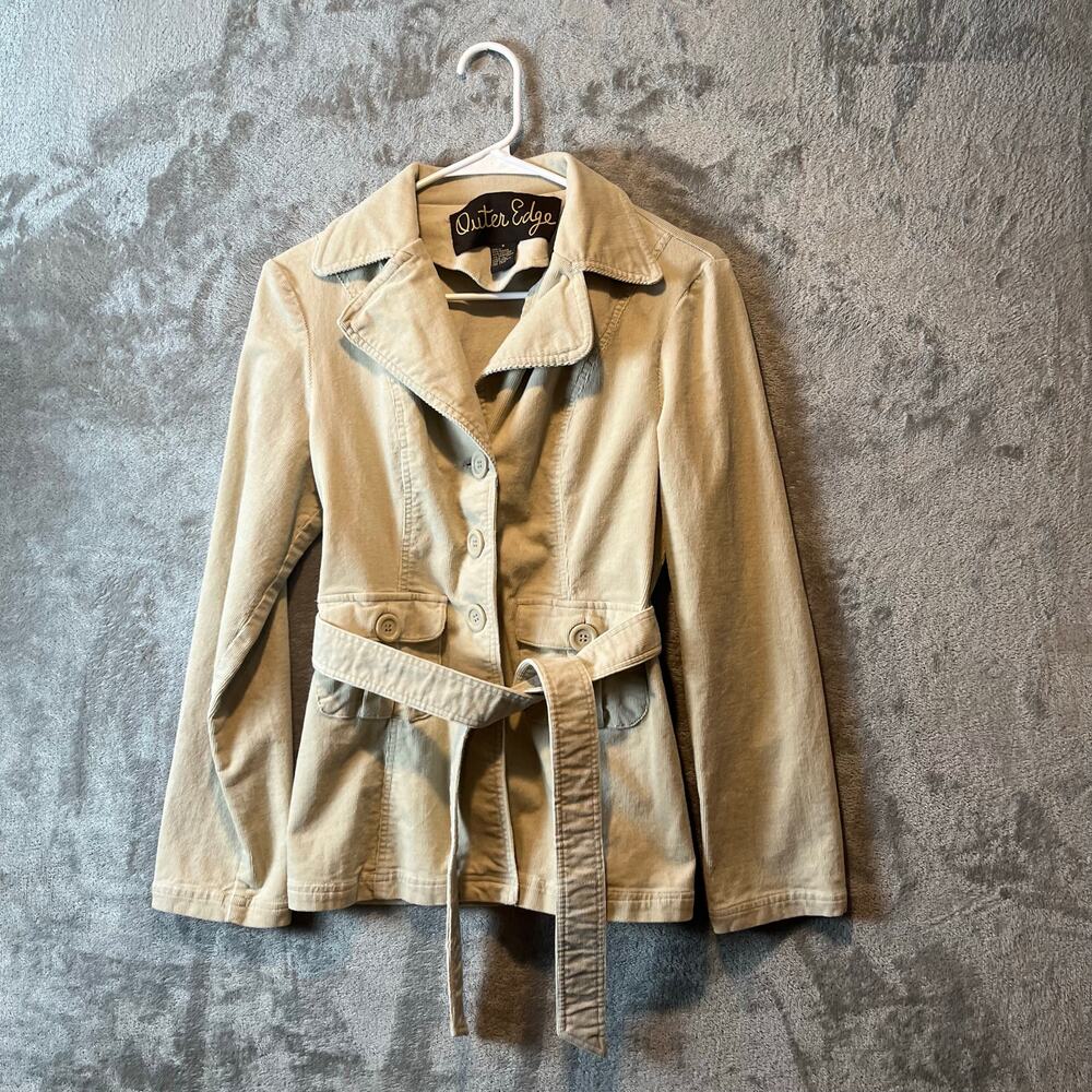 90s Y2K Beige Corduroy‎ Trench Style Jacket Safari Aesthetic Size Medium
